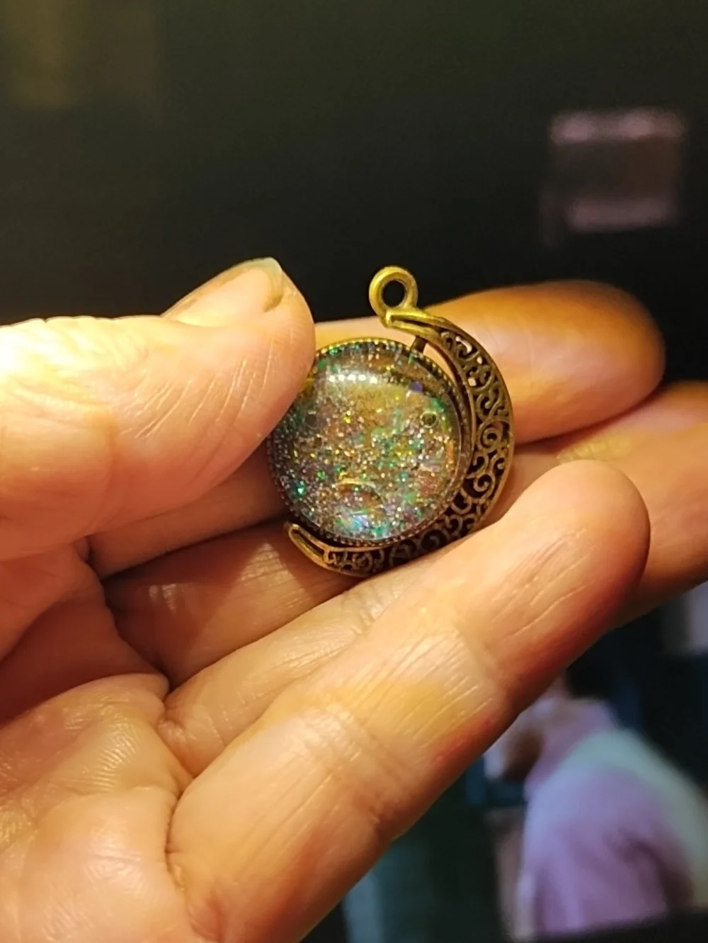 Handcrafted Bronze Moon Pendant with Iridescent Glitter Resin